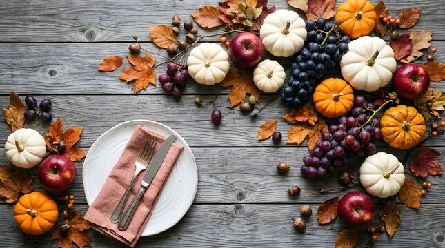 A beautiful thanksgiving table setting with pumpkins grapes and autumn leaves creating a warm and inviting holiday atmosphere for family