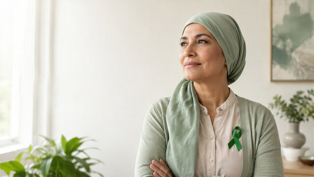 Woman wearing green awareness ribbon and headscarf at home. Lymphoma survivor expressing hope, strength, and resilience for World Lymphoma Awareness Day health campaign.