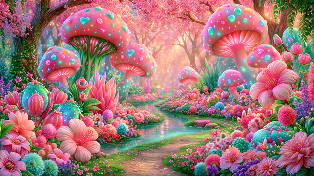 Magical fantasy garden filled with giant colorful mushrooms, vibrant flowers and a whimsical pathway beneath pink flowering trees leading through an enchanted forest