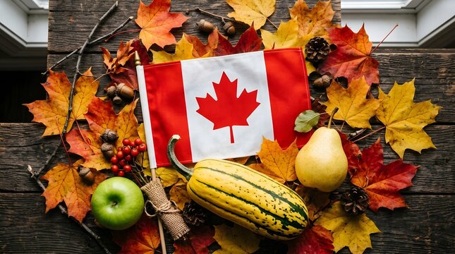 A vibrant canadian thanksgiving still life celebrating autumn's bounty with a festive wreath and traditional harvest elements