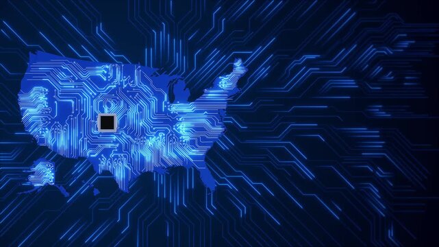 Digital USA circuit map processor technology and electronic pathways. semiconductor manufacturing, AI infrastructure, cloud computing, cyber security, chip innovation and enterprise visuals.