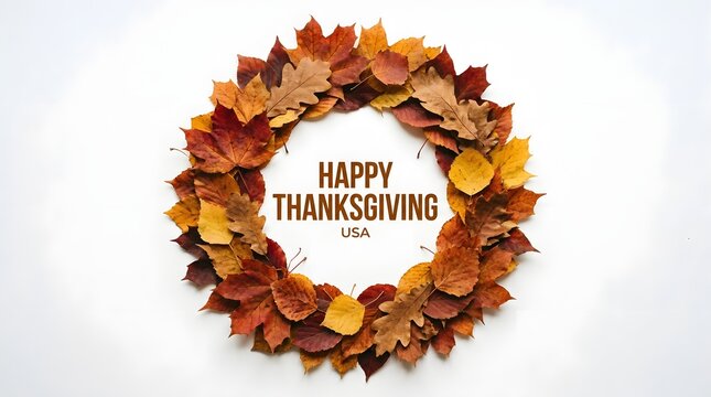 A beautiful and festive thanksgiving wreath of autumn leaves creates a welcoming and warm atmosphere for a grateful celebration with