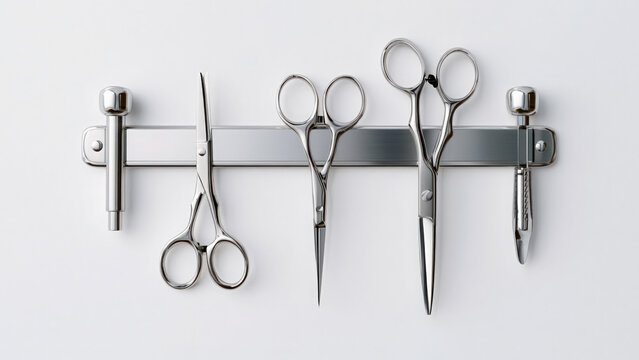 Professional hairdressing scissors set mounted on magnetic wall rack on transparent background