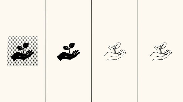 Four variations of a hand cradling a seedling are presented as a vector illustration sprout plantlet growth hands