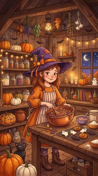 Cute little witch girl baking cookies in a cozy rustic kitchen with pumpkins and magic potions during a warm autumn evening for halloween
