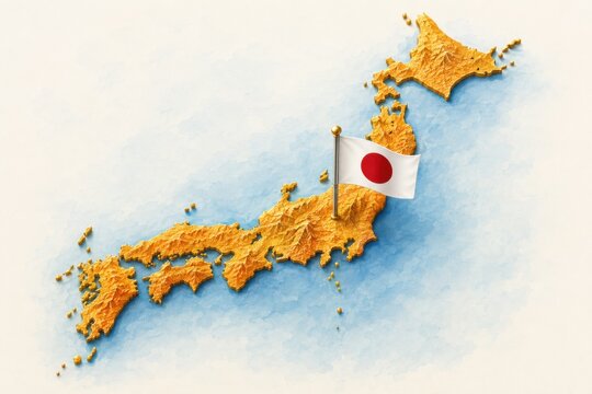 Golden textured map of japan with a national flag isolated on white