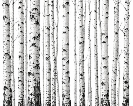 Close up view of multiple birch tree trunks standing in a row in a natural forest