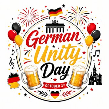 German unity day celebration design with beer mugs and national flags decoration