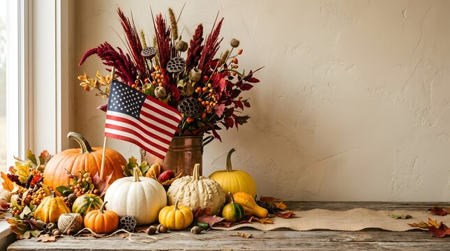 A warm and inviting thanksgiving display featuring pumpkins dried florals and an american flag symbolizing gratitude and patriotism