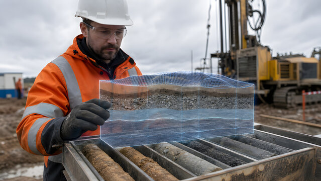 male worker examining holographic soil sample layers near drilling rig at busy construction site today