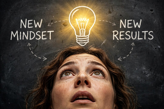 New mindset and new results concept, woman looking at glowing light bulb on blackboard, creative thinking and personal growth