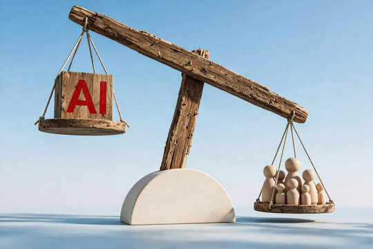 Artificial intelligence versus human value concept, wooden scale balancing AI block and people figures, ethics and technology impact