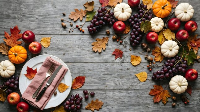 A bountiful thanksgiving feast displayed on rustic wood featuring vibrant autumn produce a delicious meal and festive decorations for a