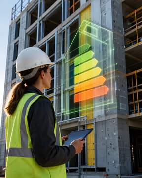 female engineer viewing holographic energy efficiency chart on facade of unfinished construction building exterior today