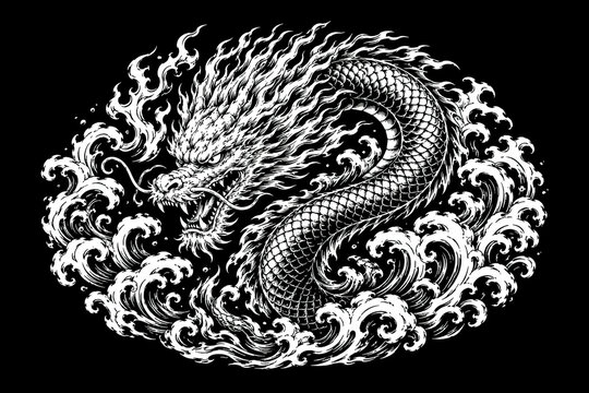 Japanese dragon illustration in white ink, traditional oriental sea serpent art, monochrome mythical creature with ocean waves