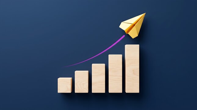 Yellow paper plane flies over wood block bar graph.