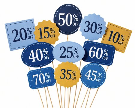 Set of colorful sale discount signs with percentage numbers isolated on white background
