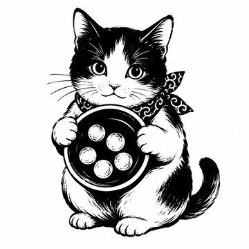 Cute vintage style cat illustration holding a small plate with round food items