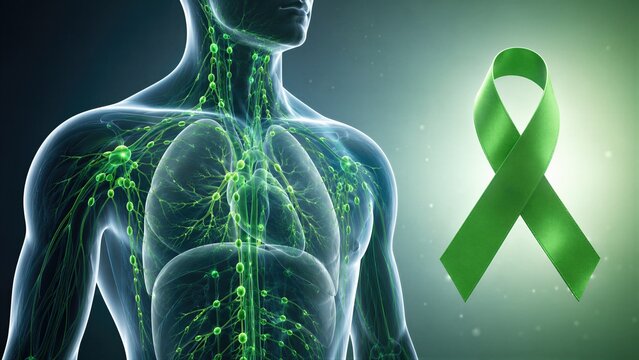 Human lymphatic system with green awareness ribbon. Lymphoma cancer awareness, oncology research, immune health education, diagnosis and treatment concept.