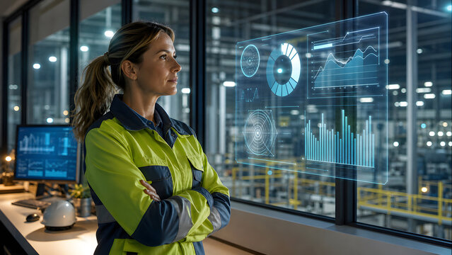 Engineer reviewing factory analytics dashboard with augmented reality data visualization through large glass window view today