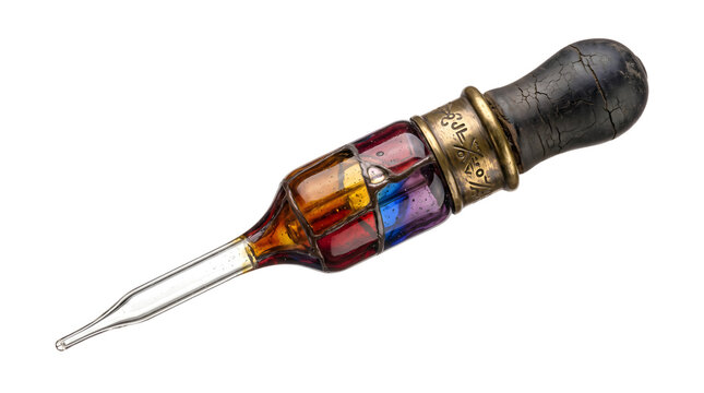 Alchemist glass potion bottle with colorful liquid layers and engraved bronze cap for fantasy roleplay or magic concepts.
