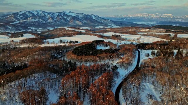 Aerial view of a winding road in japanese snowy winter landscape