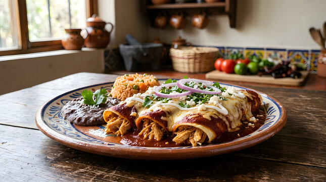 Mexican chicken enchiladas covered in rich red chili sauce and melted cheese, garnished with fresh cilantro.