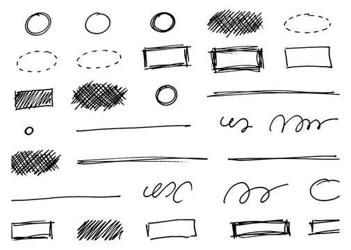 Set of hand drawn marker shapes lines rectangles circles and highlights with rectangle highlight scribble underline collection