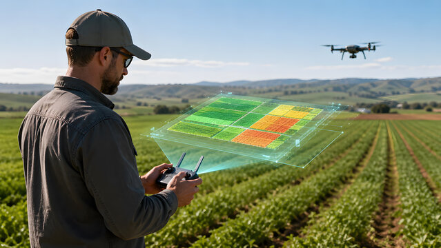 Farmer operating drone controller with holographic crop health map above green farm field on sunny day