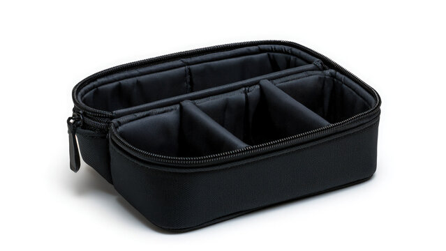 Black rectangular zippered organizer case with internal compartment on transparent background