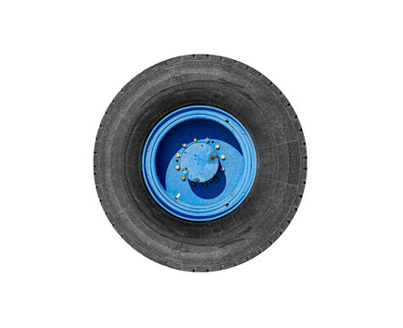 A single large black vehicle tire with a bright blue metal rim is isolated on a clean white background.