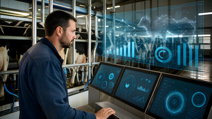 Fototapeta premium Dairy farmer monitors cow health using holographic data screen inside modern automated milking parlor facility
