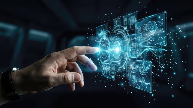 Futuristic digital interface and artificial intelligence concept with glowing data holograms and a man touching the virtual screen in a dark room