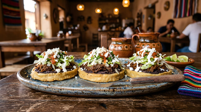 Mexican sopes topped with seasoned beef, refried beans, lettuce, queso fresco, salsa and crema.