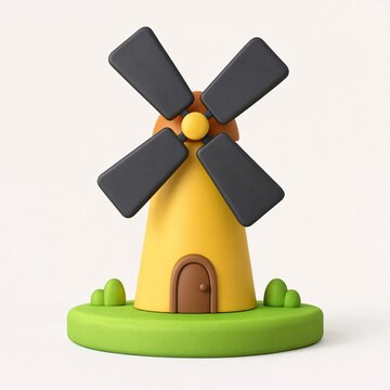 Cute 3D cartoon style windmill icon with green grass and simple architectural design