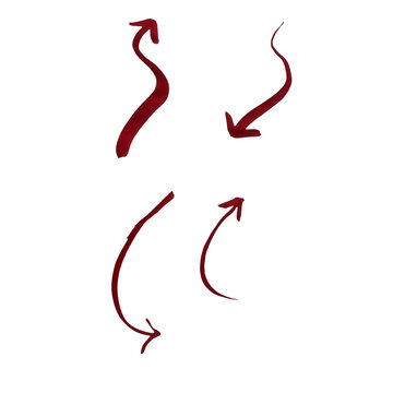 Set of four hand drawn curved arrows in dark red color with rough brush stroke texture for creative design