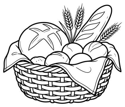 Fresh bread in a woven basket with wheat stalks