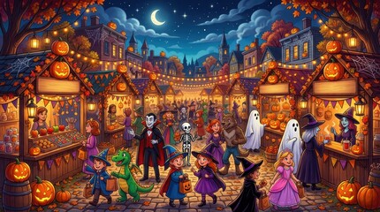 Fototapeta premium Group of children in halloween costumes trick or treating at a night market with pumpkins and decorations under a crescent moon in a small town