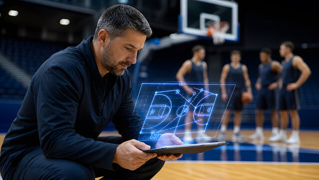 Basketball coach reviewing holographic court diagram on tablet during team practice session inside arena today