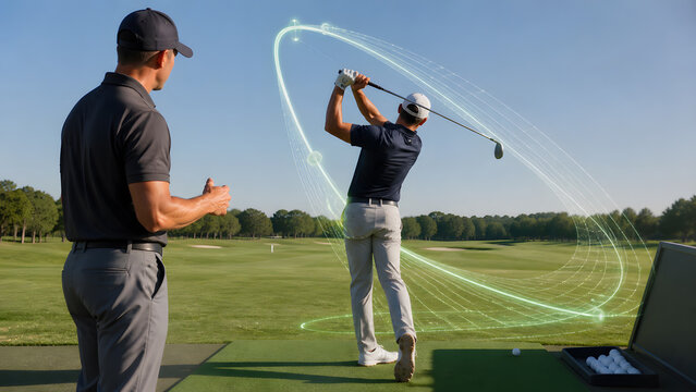 Golf coach observing holographic trajectory arc during outdoor swing practice session at driving range course
