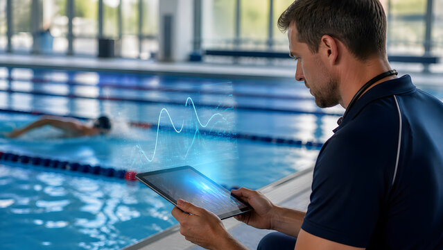 Swim coach analyzing holographic waveform data on tablet beside indoor training pool facility during session today