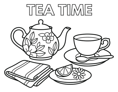 Tea time coloring page with teapot cup lemon and flower