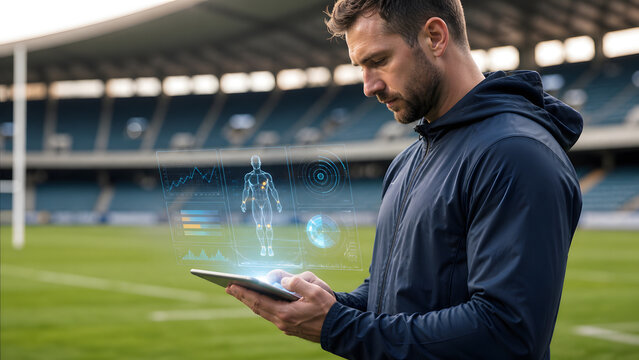 Athlete carefully analyzing holographic body scan on tablet while standing inside empty football stadium today