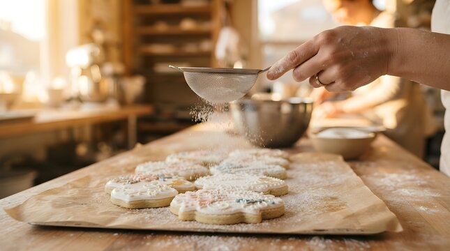 Baker dusting powdered sugar pas in gourmet kitchen clean