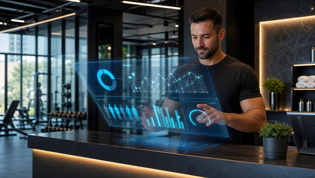 Trainer carefully analyzing holographic performance chart data at modern indoor gym reception counter desk today