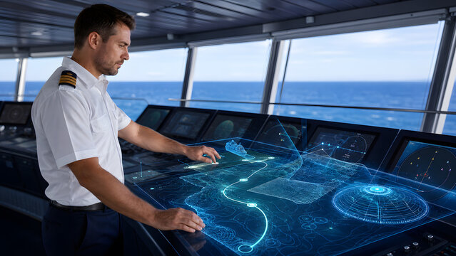 Ship captain carefully analyzing holographic navigation map on modern bridge during long ocean voyage today