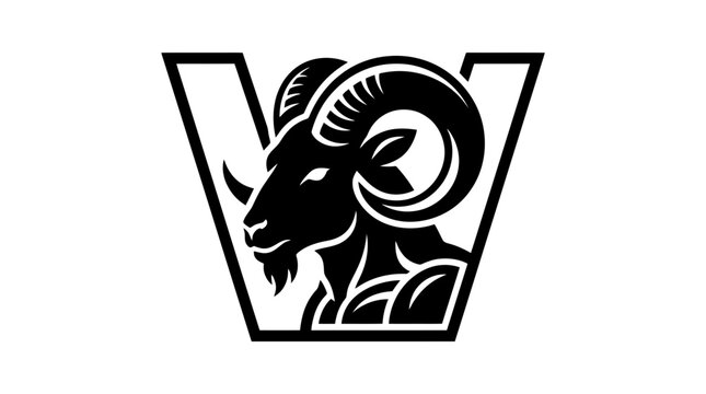 A powerful black and white vector illustration of a majestic ram with large curved horns integrated inside the letter V, perfect for strong athletic logos or sports team branding