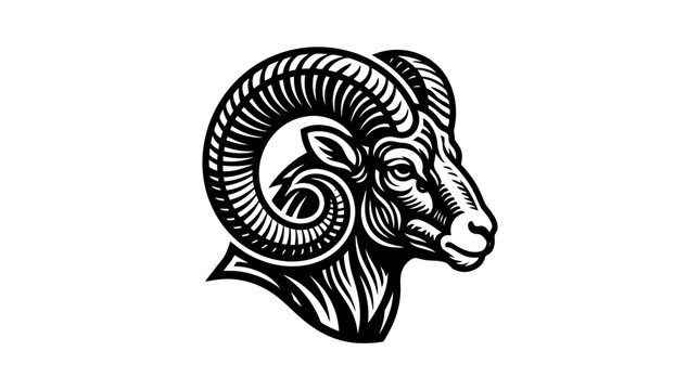 Detailed black and white engraving illustration of a majestic ram head profile featuring large curved horns and fierce expression for logo and graphic design projects