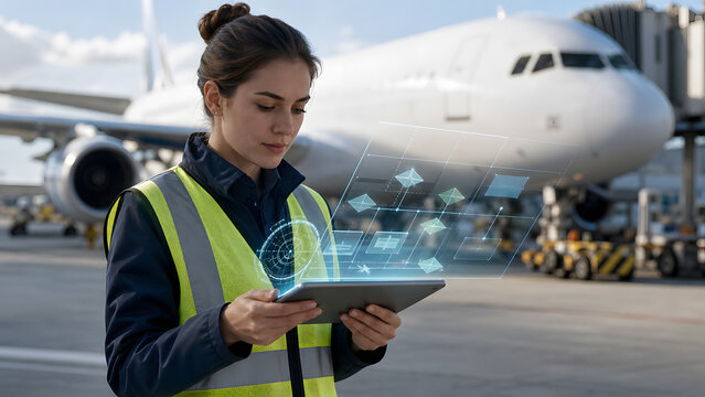 Airport ground staff member checking flight data on tablet with augmented reality interface near aircraft