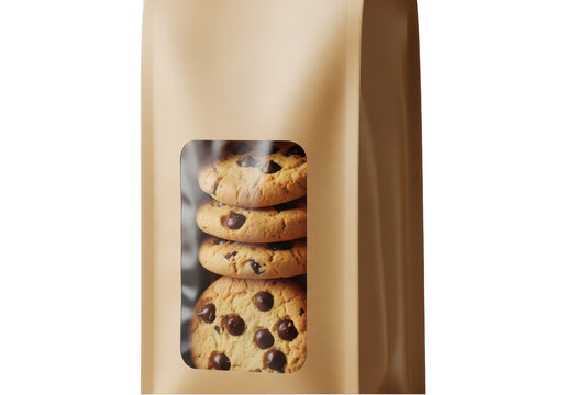 Chocolate chip cookies in a brown paper bag isolated on transparent background
